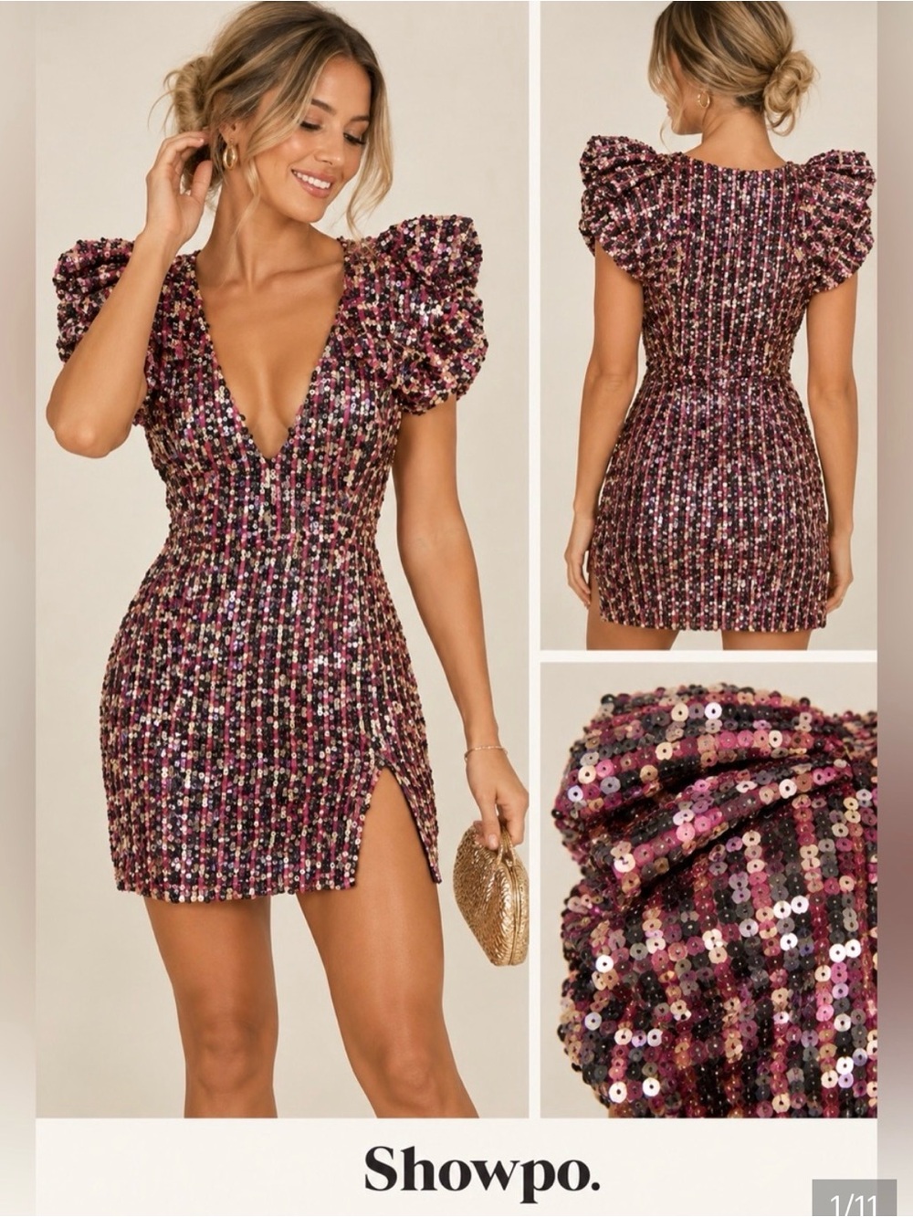 Showpo Charice Multi Sequin Pleat Shoulder Mini Dress Multi Pink Size 8